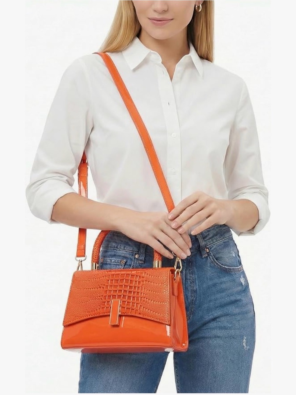Orange Croc-Texture Top-Handle Bag - Picture 2 of 5